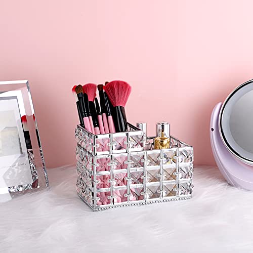 Hipiwe Crystal Remote Control & Makeup Brush Organizer - 2-Slot Silver Tabletop Pen & Pencil Storage Holder for Office & Bathroom - style: 2-Slot, Silver