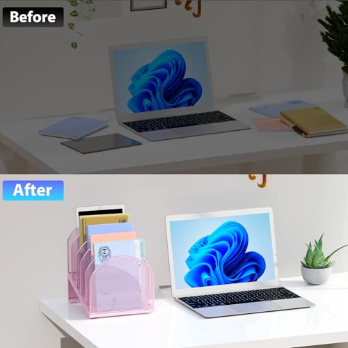 gianotter Desktop File Organizer, Desk Organizer with 5 Compartments, Paper Organizer for Desk, Workspace Organizers for Office Supplies (Pink, Inclined Style) - color: Pink, size: Inclined Style