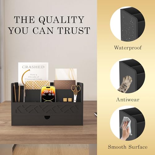 Bamboo Mail Organizer Countertop Desktop with Drawer - Desk Organizer with File Organizer for Office Supplies All-in-One Desk File Organization with Pencil Holder for Paper Letter Envelope Bill - color: 1 Black