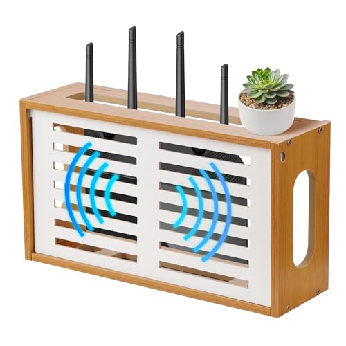 Router Shelf Wall Mount, WiFi Router Box Hider & Modem Storage Box with Cable Holes | Cable Management Organizer for Router, Modem, Power Strip | Light Brown, 13.9"x4.33"x7.68"