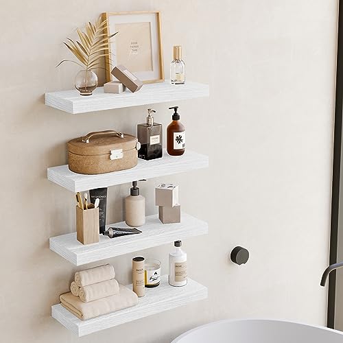 Fixwal White Shelves for Wall, 15.8in Rustic Wood Finish Floating Wall Shelves Set of 4, Shelves for Wall Decor, with Invisible Brackets for Bathroom, Living Room,Bedroom and Kitchen - color: White