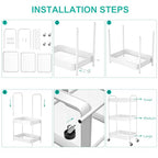 3-Tier Rolling Metal Storage Cart with Wheels, Multi-Functional Organizer for Office, Kitchen, Bathroom, Books Diapers - Easy Assembly (White) - color: White