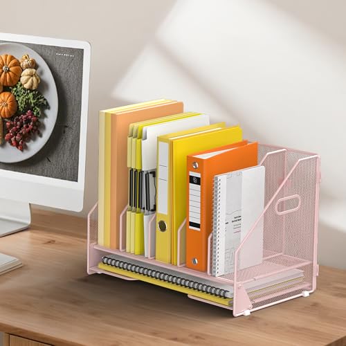 Docnest Desk File Holder Sorter, 5 Vertical Compartments Rack with Letter Tray, Mesh Magazine File Holder with Handle,Workspace Organizers,Desk Organizers for Paper, Mail, Documents-Pink - color: Pink-5 Compartments