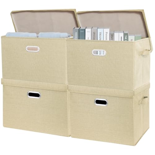 SNWDN 4 Pack Large collapsible Fabric Storage Bins with Lids Fabric storage box with lids for closet organizers and storage (Beige 17.3x11.4x11.8 inches) - color: Beige, size: Large（4-Pack 17.3*11.4*11.8 Inches）