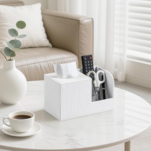 Square Tissue Box Cover with 2 Compartments Storage Organizer, PU Leather Tissue Box Holder with Remote Control Holder for Livingroom Nightstand, Multifunctional Cube Tissue Holder (White) - color: White
