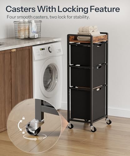 HOOBRO Vertical Laundry Hamper with Wheels, Slim 3 Section Laundry Sorter, Space Saving Rolling Laundry Cart with Removable Bags & Shelf, Laundry Basket for Bathroom, Bedroom, Rustic Brown