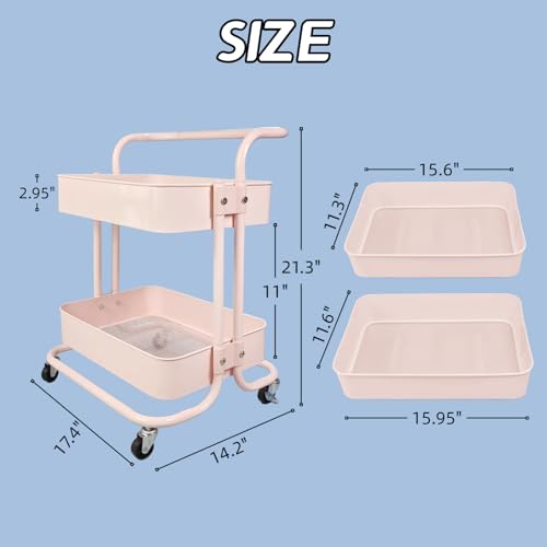 2 Tier Short Rolling Cart with Wheels All-Metal Pink Pantry Storage for Kitchen,Under Desk Trolley with Handle Small Wheeled Storage Cart for Laundry Room Bathroom, Under Table Small Space - color: C-pink