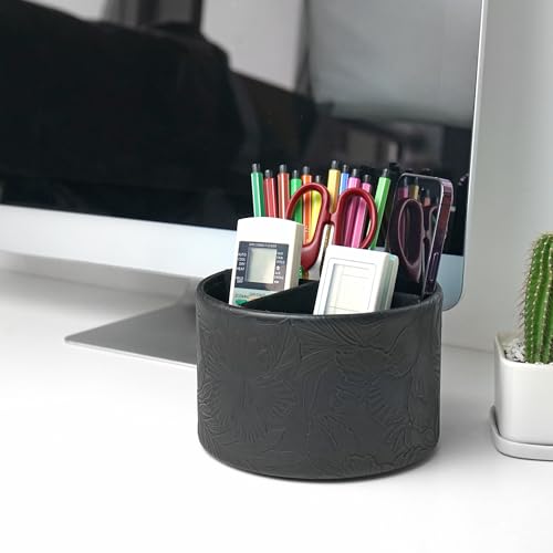Hennaja Round Leather Art Supply Organizer,Remote Control Holder,360 Degree Spinning,Multi-Functional Pencil Holder,4 Compartments Desktop Stationary Organizer(1-Carved Black) - color: 1-Carved Black