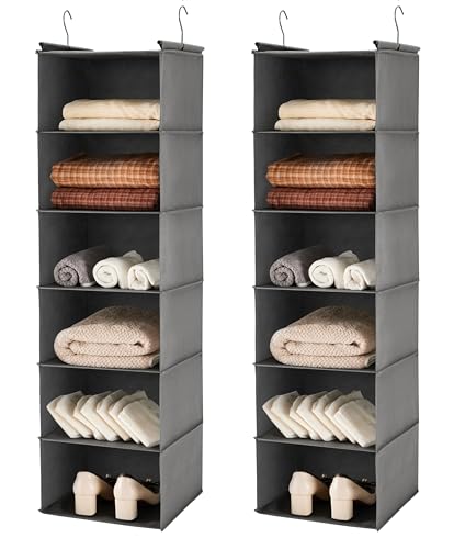 MAX Houser 6 Tier Shelf Hanging Closet Organizer, Closet Hanging Shelf with 2 Sturdy Hooks for Storage,2 Pack, Foldable (Grey) - color: Grey-2