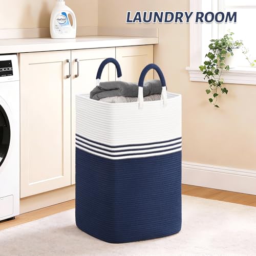 Laundry Basket Hamper,Blanket Storage,Dirty Clothes Hamper with Swivel Handles,Woven Cotton Rope Toy Baskets,Blanket Basket Living Room,Decorative Hampers for Nursery,Bedroom,White & Blue,60L - color: White & Blue, size: 60L