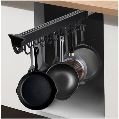 14IN Hanging Pot Rack with 6 Hook for Cabinet Pull Out Pot and Pan organizer Adjustable Pot Racks with Sliding Rail Storage Utility Rack Used for Kitchen/Closet/Cupboard,Load 75LBS - size: 14.2 in