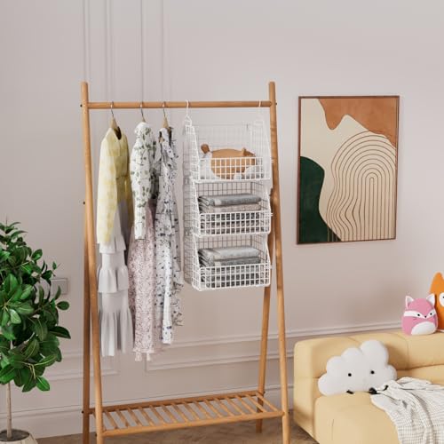 PUPPYCUTE Hanging Closet Organizer and Storage, Clothes Hanging Shelves Wire Baskets for Clothing Sweaters Purse Handbags Shoes White 3 Tier - size: For closet-3 pcs