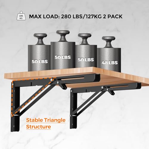 Ravinte 2 Pack 18 Inch Folding Shelf Brackets – Matte Black, Heavy Duty Collapsible Brackets for Tables and Benches – Space-Saving Design - size: 18 Inch