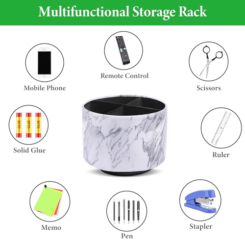 Round Leather Art Supply Organizer,Remote Control Holder,360-degree Rotating Pen Organizer with 4 Compartments(1-Marble White Silver) - color: 1-Marble White Silver