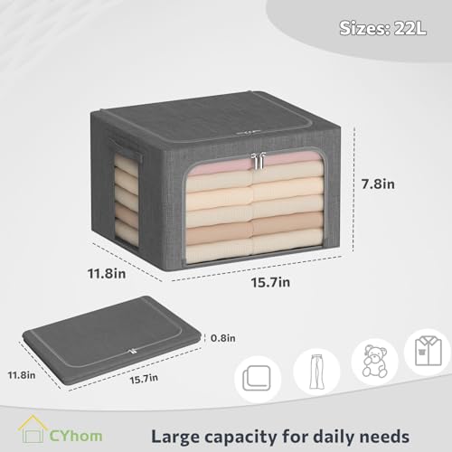 Clothes Storage Bins Box - Linen Fabric Foldable Stackable Container Organizer Set with Clear Window & Carry Handles & Metal Frame - 2Pack Large Capacity for Bedding, Blankets, Books - color: Dark Gray, size: Small-22L
