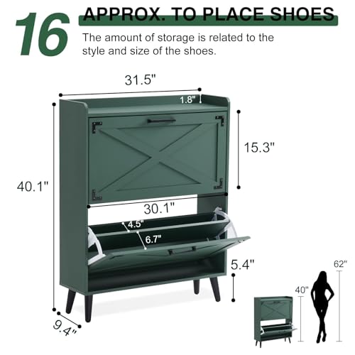 Barnyatoh Shoe Storage Cabinet,Farmhouse Shoe Organizer with 2 Flip Drawers & Barn Door Design,Freestanding Hidden Slim Narrow Shoe Rack Cabinet for Entryway,Foyer,Hallway,Green - color: Green, size: 2-Drawers