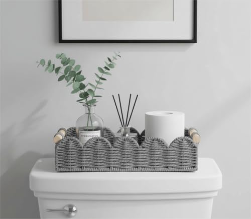 CubesLand Toilet Paper Storage Basket Organizer, Small Wicker Toilet Tank Top Decorative Baskets for Countertop, Handwoven Scalloped Basket w/handle for Home Decor, Living Room, Bedroom, Grey - color: Grey, size: S - 12.99"L x 6.3"W x 3.15"H
