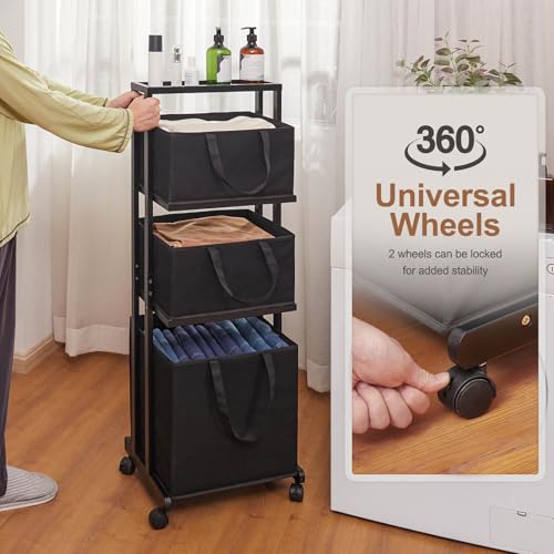 Homde Laundry Basket 3 Tier Bamboo Storage Shelf with Wheels Removable Storage Basket with Handle Freestanding Clothes Hamper Organizer for Bathroom Living Room Bedroom (Black) - color: Black