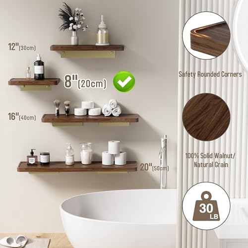 Danpoo 8 Inch Solid Wood Wall Shelf for Storage, Wall Mounted Rustic Walnut Wood Shelves for Bathroom, Living Room, Bedroom and Kitchen - color: Gold, size: 8 inch