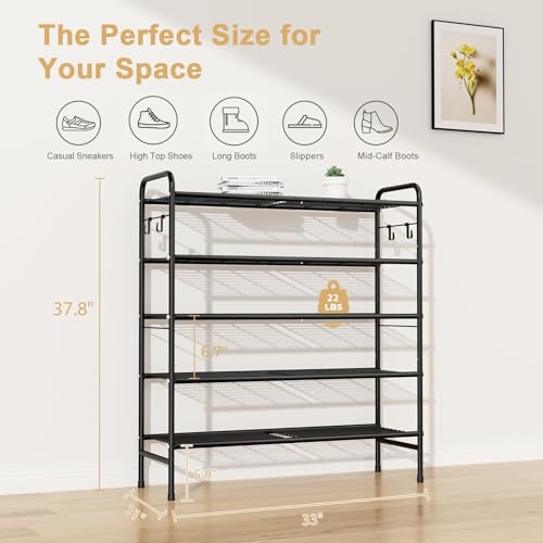 VILICK 5 Tier Shoe Rack 33" Wide Metal Shoe Organizer Long Shoe Storage with 4 Side Hooks Sturdy Shoes Shelf for Closet, Front Door Entrance, Garage, Dorm, Black - size: 5-Tier (11"x 33"x 37.8")