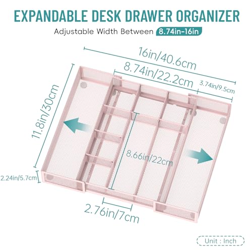 Expandable Desk Drawer Organizer Tray with 10 Adjustable Compartments, Metal Mesh Office Drawer Organizer, Versatile Desk Organizer for Home, School Supplies, Makeup Vanity & Jewelry (Pink) - color: Pink