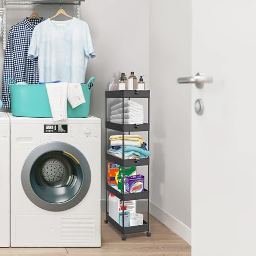 SPACEKEEPER 5-Tier Rolling Cart, Bathroom Storage Organizer Utility Cart, Mobile Shelving Unit Slide Out Shelves for Kitchen Living Room Laundry Room & Dressers, Black - color: Black, size: 5 Tier