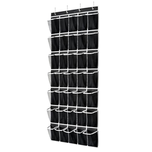 SAVERHO 35 Pockets Over the Door Shoe Organizer, Hanging Shoe Organizer for Door with 35 Mesh Pockets Large Capacity Shoe Hanging Storage Bag with 4 Metal Hooks (Black-1Pack) - color: Black-1pack of 35 pocket