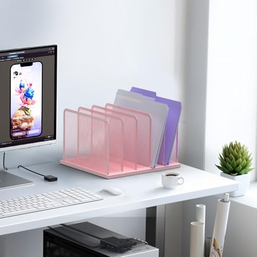 Kuntine.B Desk File Organizer Upright Mesh Desktop Organizer File Sorter Office Organization File Holder for Home, Office & Classroom (Pink, 1 Pack 5-Section) - color: Pink, size: 1 Pack 5-Section