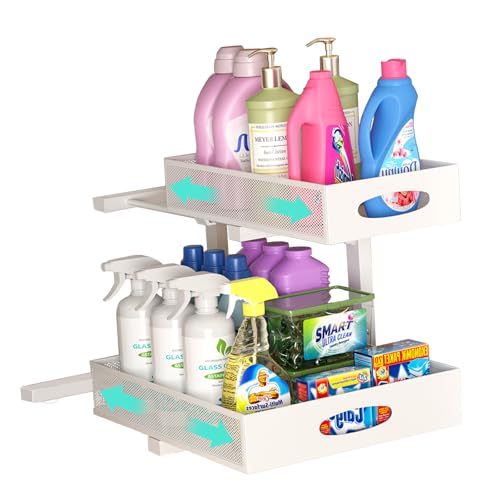 Under Sink Organizer, Extra-Wide Upgrade, 1 Pack 2 Tier Metal Slide Out Cabinet Organizer, Height Adjustable Organization and Storage Series, Bathroom/Cabinet/Kitchen organization, White - color: White - Single Pack, size: Wide Upgraded Version