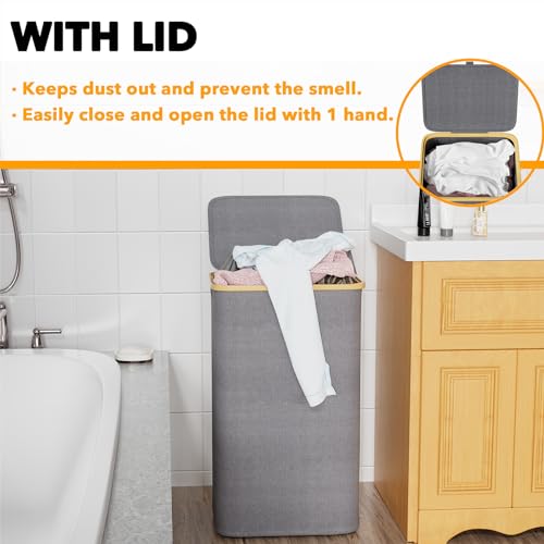 SpaceAid Laundry Hamper with Lid, 110L Large Tall Clothes Basket Bin with Bamboo Handles, Collapsible Laundry Hamper for Bedroom, Bathroom, Dorm, Laundry Room - Grey - color: Grey, size: 110 L