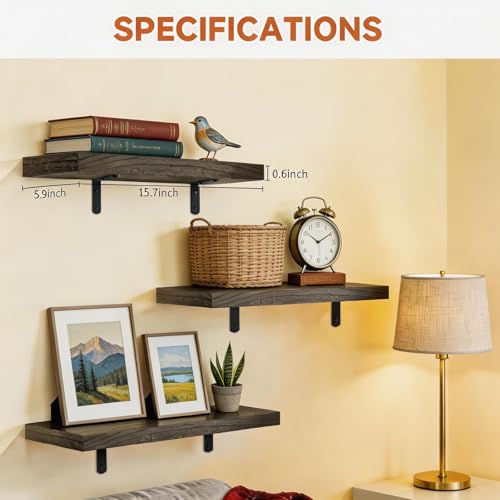 LifetimeWarranty Easy Install Wall Shelves with Brackets,15.7 Inch Wall Mounted Wood Floating Wall Shelf, Small Wall Shelf for Storage&Home Decor, Living Room,Kitchen,Office,Book Corner Shelf,Set of 3 - color: Brown L-bracket