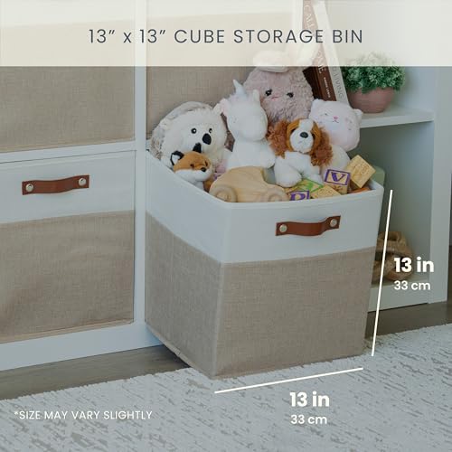 OrganiHaus 13" x 13" x 13" Cube Fabric Storage Bins Set of 4, Fabric Storage Cubes w/ Vegan Handles, 13 inch Collapsible Bins for Clothes & Toy Organizer, 13x13 Basket for Decor - Beige/White - color: Beige Base / Off-White, size: (13x13) Leather Handles