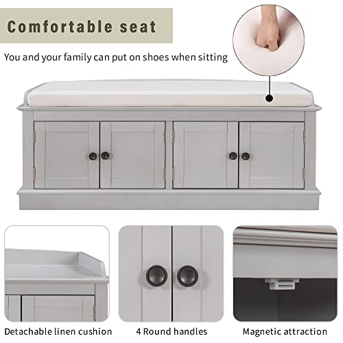 P PURLOVE Farmhouse Storage Bench for Entryway,Wood Storage Benches with Adjustable Shelves,Shoe Bench with Storage and Removable Cushion for Entryway,Gray Wash - color: Gray Wash, size: With 4 Door