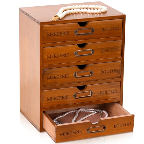 Wesiti 5 Drawer Vintage Wooden Desk Organizer, Apothecary Cabinet Storage Drawers, Rustic Shelf Drawer, Home Office Organizers and Accessories, Embroidery Floss, Craft, Art, Jewelry Storage, Stackable - color: Brown, size: 5 Drawers