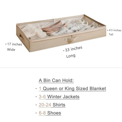 Berdeng 3 Pack Under Bed Storage Containers, Low Profile Underbed Shoes and Clothes Storage Organizer with Sturdy Sidewalls/Bottom, Large Dorm Storage Bins,33 * 17 * 4.5 inches,45L - color: Beige 3 Pack