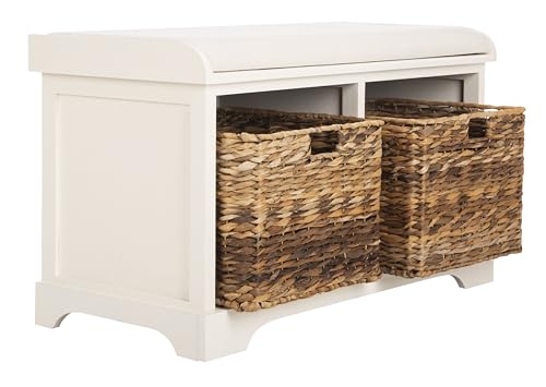 SAFAVIEH Home Collection – Freddy Vintage White Storage Bench with Wicker Baskets & Cushion, Entryway Seating Bench, Fully Assembled (AMH5736D) - color: Vintage White