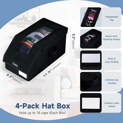 VAESIDA Hat Organizer for Baseball Caps, 4 Pack Hat Storage Box, Holds up to 56 Caps, Baseball Cap Organizer for Closet/Shelf, Hats Box Holder | Stackable, Foldable, Easy-Access, Clear Lid, Black - color: Black