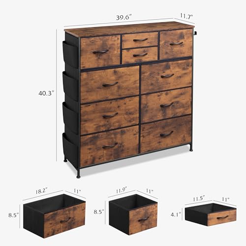 WLIVE Fabric Dresser for Bedroom with 10 Drawers, Chest of Drawers with Side Pockets and Hooks, Sturdy Metal Frame, Drawers Organizer Unit for Living Room, Hallway, Rustic Brown Wood Grain Print - color: Rustic Brown Wood Grain Print