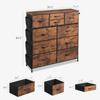WLIVE Fabric Dresser for Bedroom with 10 Drawers, Chest of Drawers with Side Pockets and Hooks, Sturdy Metal Frame, Drawers Organizer Unit for Living Room, Hallway, Rustic Brown Wood Grain Print - color: Rustic Brown Wood Grain Print