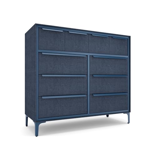 tinge Naima Premium Fabric Dresser - Strong Metal Frame, 10 Spacious Sag-Proof Drawers with Sleek Metal Handles - Premium & Durable Storage Solution for Your Home (Navy) - color: Ocean Blue (Navy), size: 14"D x 39.2"W x 35.8"H (10 Drawers)