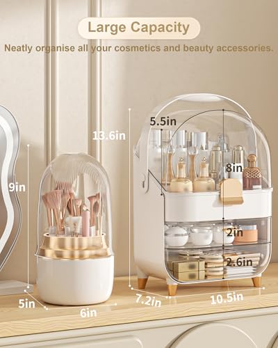 Makeup Organizer Countertop, Skincare Holder Bathroom Counter Organizer, Storage Box Cosmetic Display Cases, Teen Girl Gifts Make up Organizers (White/Brush) - color: White/Brush