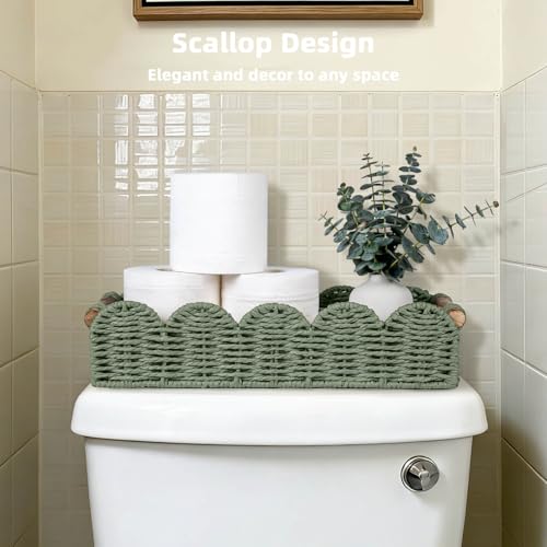 CubesLand Bathroom Basket Organizer w/Cut Out Handle, Back of Toilet Paper Storage Baskets Tray for Bathroom Countertop Decorative, Scalloped Wicker Basket Also for Home Decor, Living Room, Green - color: Green