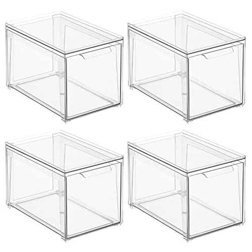 mDesign Plastic Stackable Closet Storage Organizer Bins with Pull Out Drawer for Cabinet, Desk, Shelf, Cupboard, or Dresser Organization - Lumiere Collection - 4 Pack - Clear - size: 8 x 12 x 8 (Pack of 4)