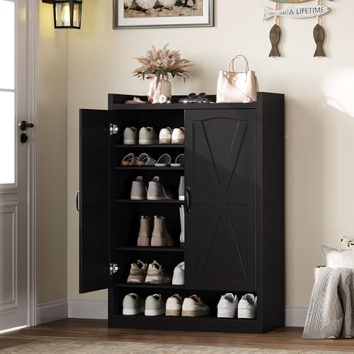 BINGTOO 45" Tall Farmhouse Shoe Storage Cabinet with Doors, Large Shoe Organizer with 4 Adjustable Shelves, Extra Deep Wooden Shoe Rack for Entryway, Foyer, Hallway (Black, 1 Cabinet) - color: Black, size: 1 Cabinet