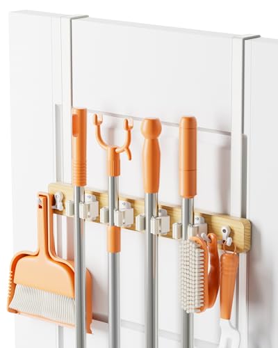 Mop and Broom Holder Wall Mount, No Drill Over the Door Broom and Mop Holder with 4 Slots and 4 Hooks, Wood Tool Hanger for Laundry, Cabinet, Kitchen, Garage - color: Natural
