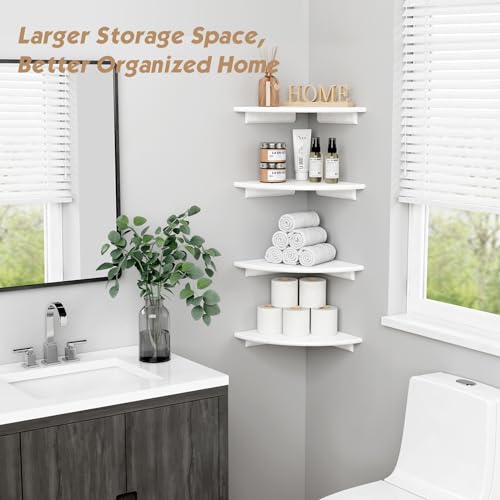 Forbena Corner White Floating Book Shelves for Wall Set of 4, Wood Nursery Corner Bookshelf for Kids Bedroom, Large Modern Round Wall Bookshelves for Living Room Decor, Indoor Plants, Bathroom - color: 1. White, size: 12" Depth