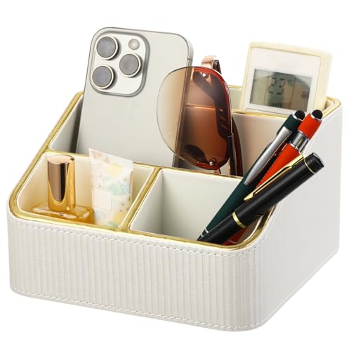 OMISTAR 4 Compartments Remote Control Holder, PU Leather Nightstand Organizer, Tiered Bedside Caddy, Desktop Storage Container for Stationery Office Supplies, Stylish Vanity Tray for Makeup - size: 4 Compartments