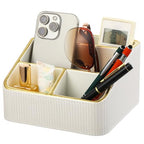 OMISTAR 4 Compartments Remote Control Holder, PU Leather Nightstand Organizer, Tiered Bedside Caddy, Desktop Storage Container for Stationery Office Supplies, Stylish Vanity Tray for Makeup - size: 4 Compartments