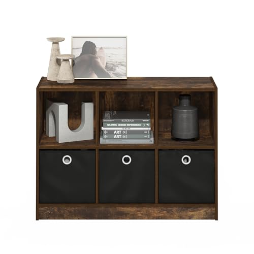Furinno Basic Book Shelf, 6-Cube Bookshelf with Open Shelf, 3 x 2 Bookcase with Storage Bins, Closed Back, Horizontal, 11.9 x 31.6 x 23.6, for Living Room, Bedroom, Home Office, Amber Pine - color: Amber Pine/Black, size: 6-Cube with Bin
