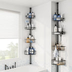 Corner Shower Caddy Tension Pole: Stainless Steel Rustproof 4-Tier Shower Organizer - 47-121 inch Adjustable Bathroom Shelves for Bathtub Shampoo Storage - Tension Rod Floor Standing Bath Rack - Black - style: A Style-Black